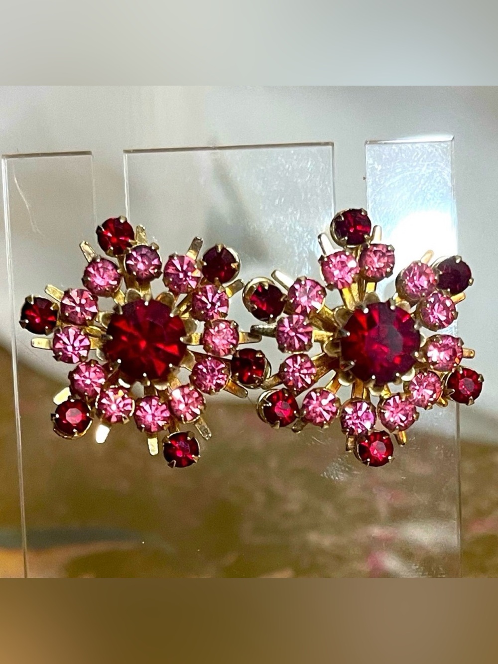 Coro Red & Pink Rhinestone Screw-Back Earrings – Gold Tone - Picture 2 of 7